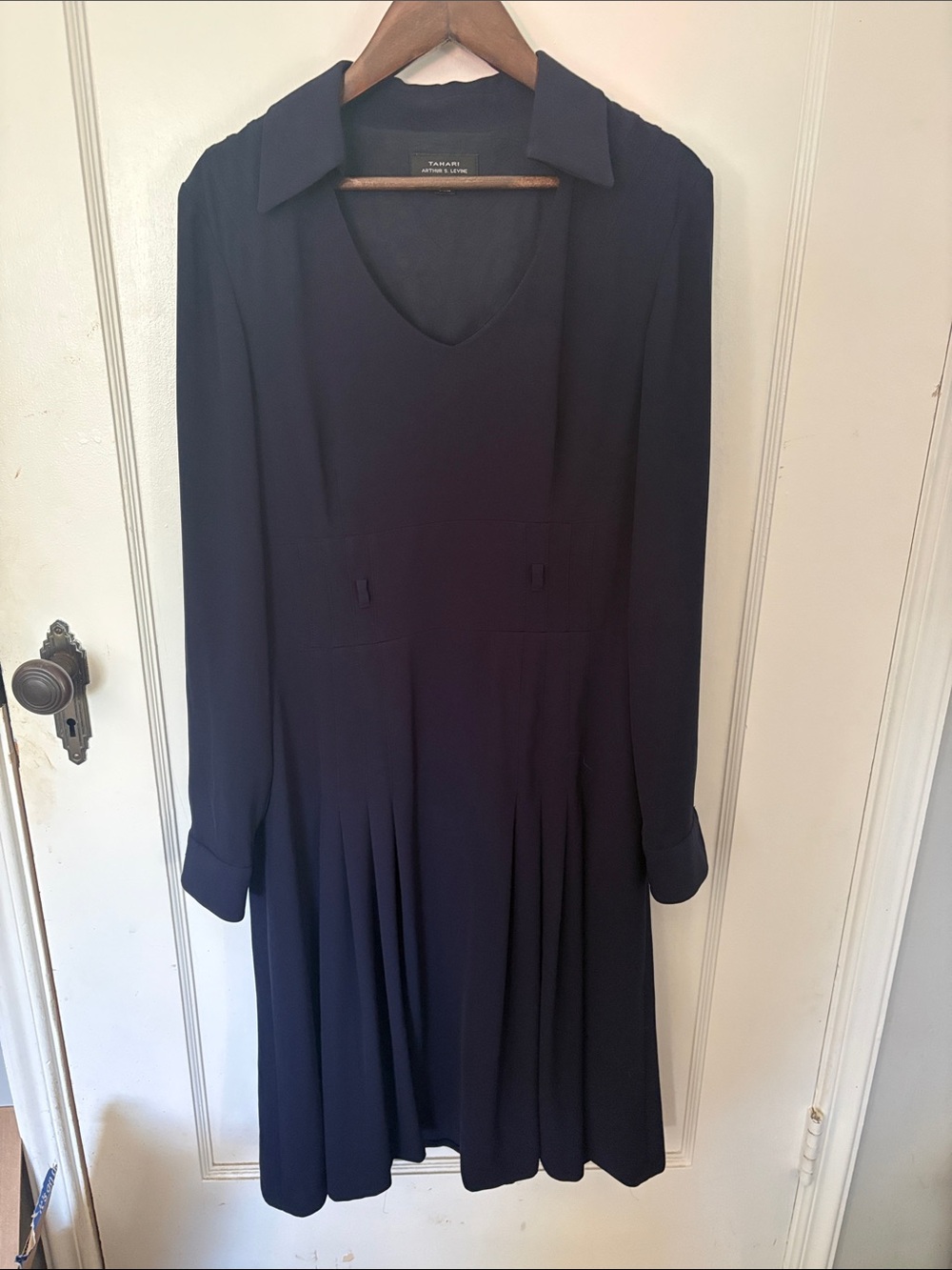 Tahari Navy Long-Sleeve Pleated V-Neck Dress